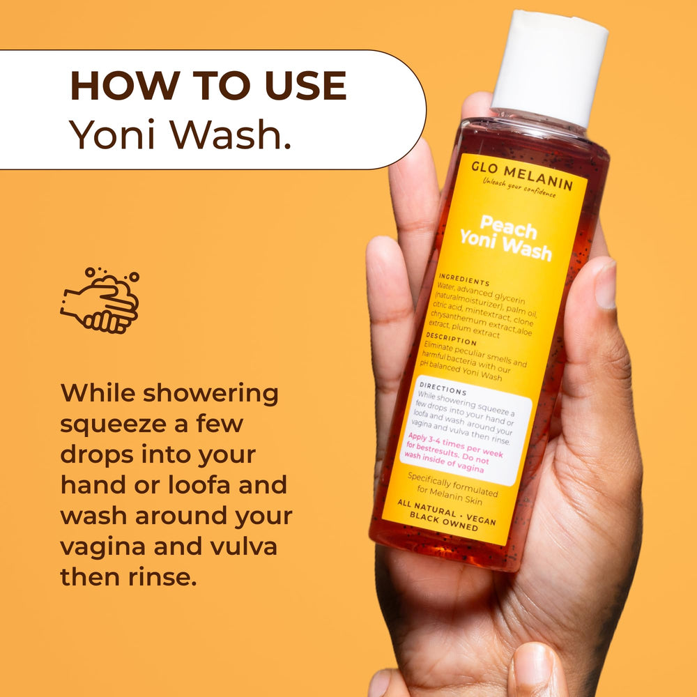 Glo Melanin Peach Yoni Wash label detail indicating pH-balanced formula