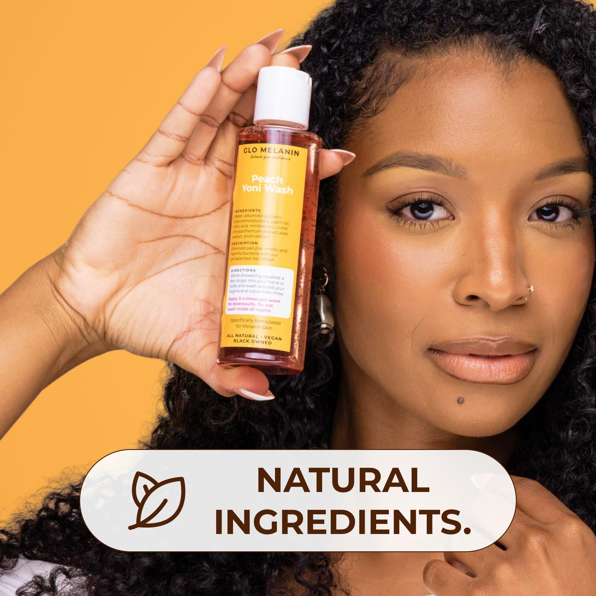 Glo Melanin Peach Yoni Wash packaging shot highlighting natural ingredients