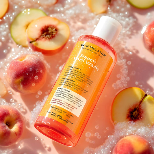 Glo Melanin Peach Yoni Wash pour closeup showing easy application