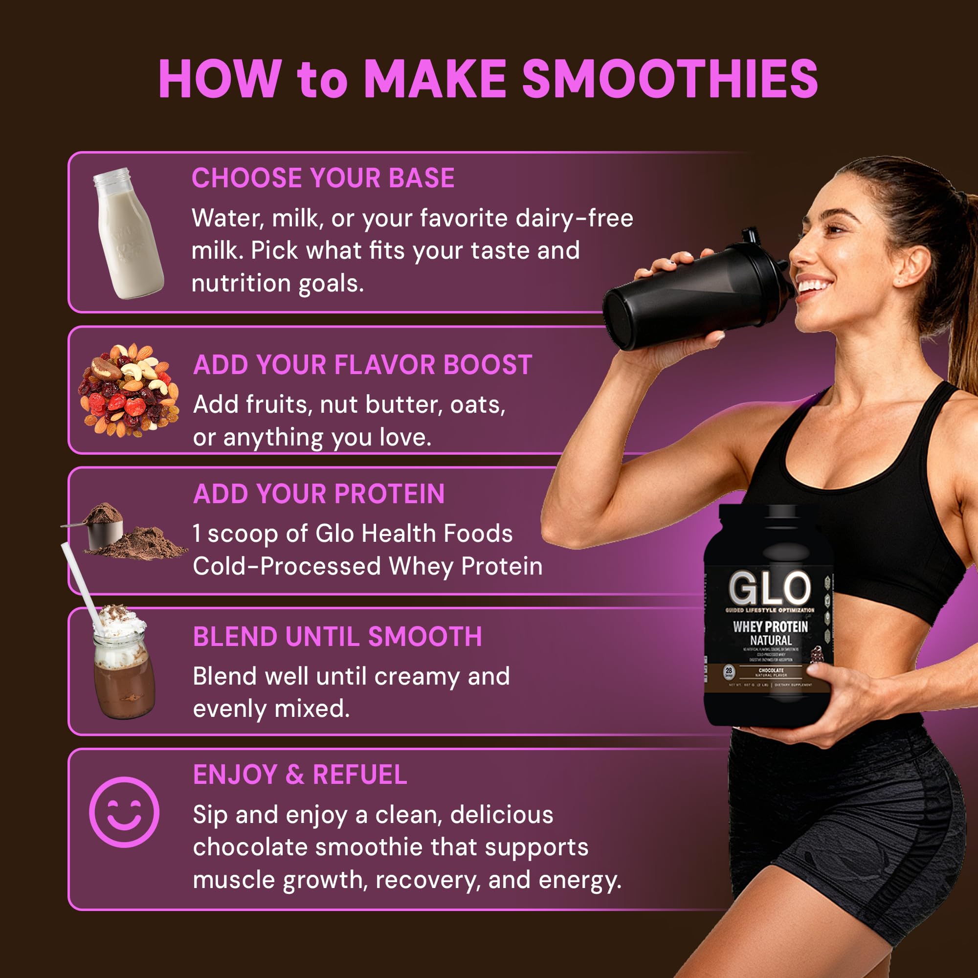 GLO protein powder scoop pouring into a shaker