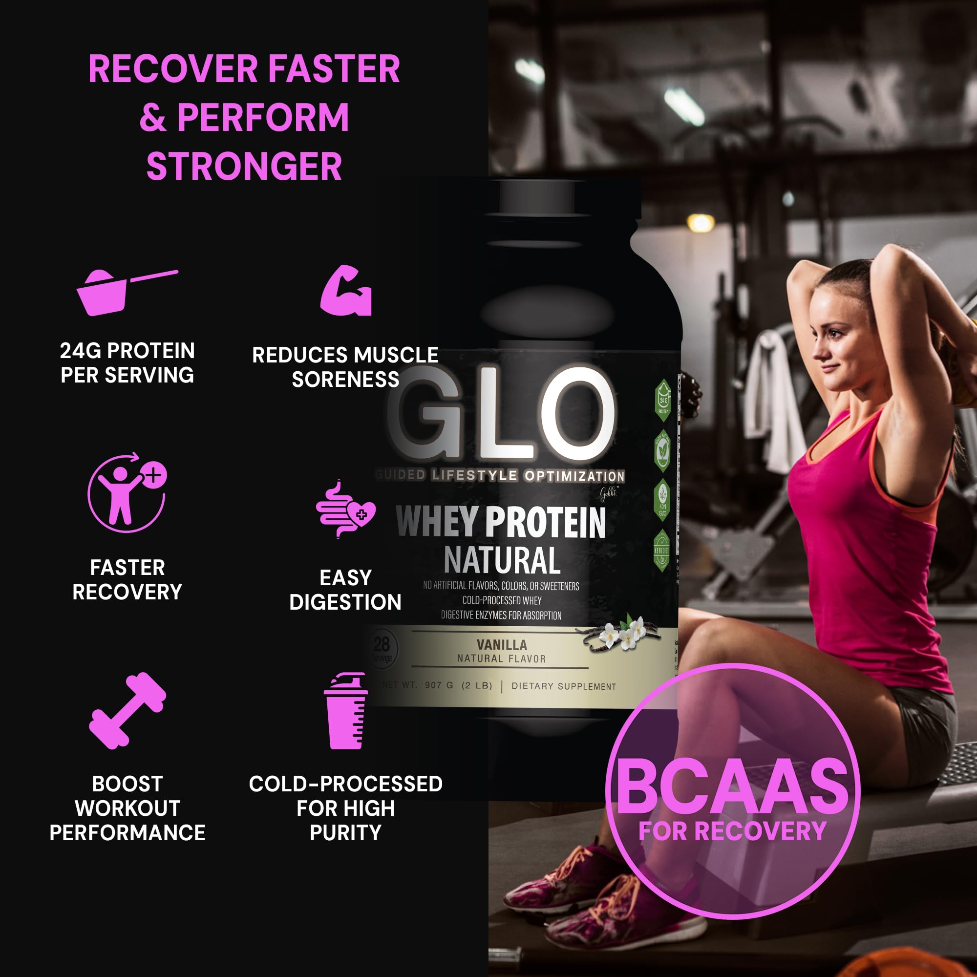 GLO vanilla flavor whey blends smoothly into drinks.