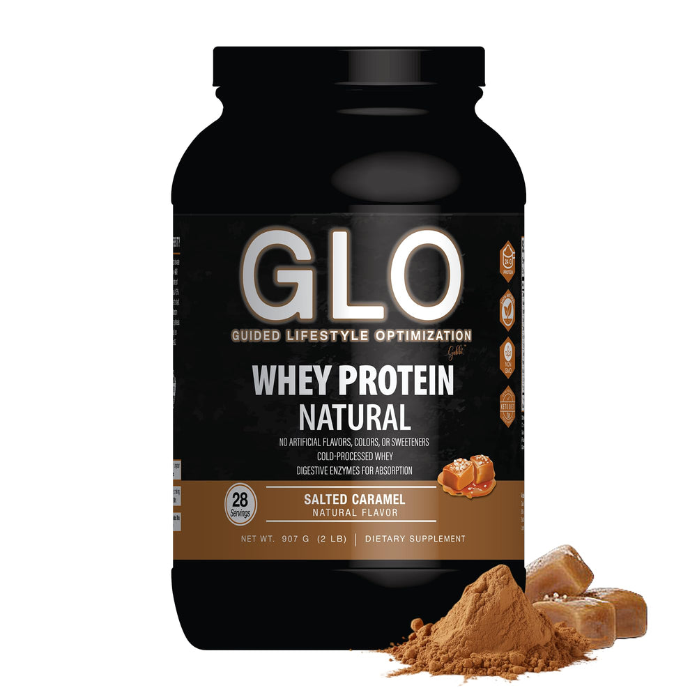 GLO Whey Salted Caramel tub showing pure protein for post-workout recovery.