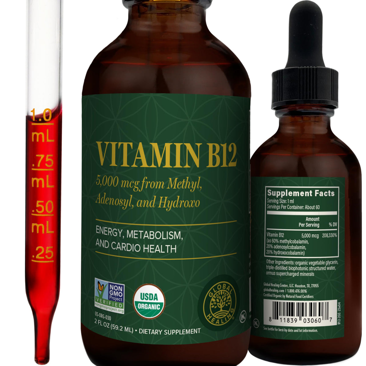Global Healing B12 5000 mcg bottle displays vegan liquid drops for daily energy.