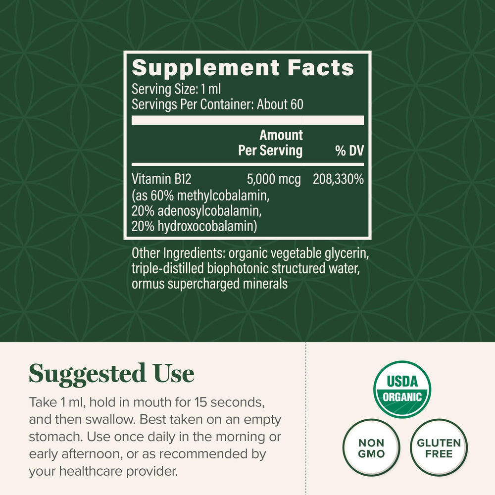 Global Healing B12 bottle and label highlight organic, non-GMO formulation.