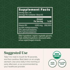 Global Healing B12 bottle and label highlight organic, non-GMO formulation.