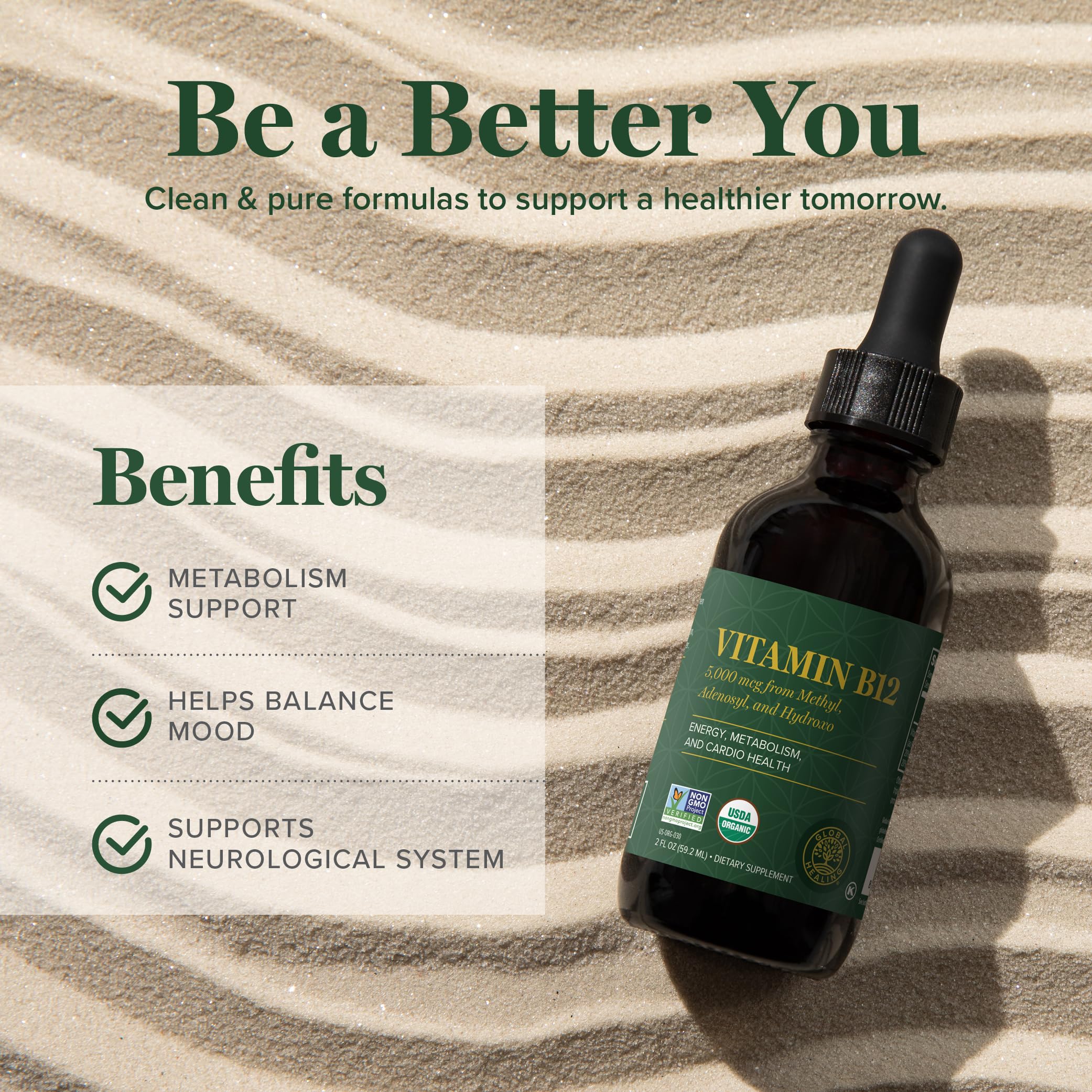 Global Healing B12 packaging emphasizes certified organic and allergen-free attributes.