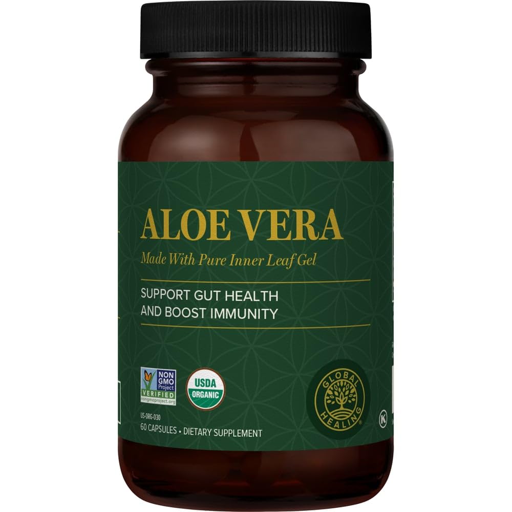 Global Healing Center Aloe bottle pour; convenient daily immune-support capsules.
