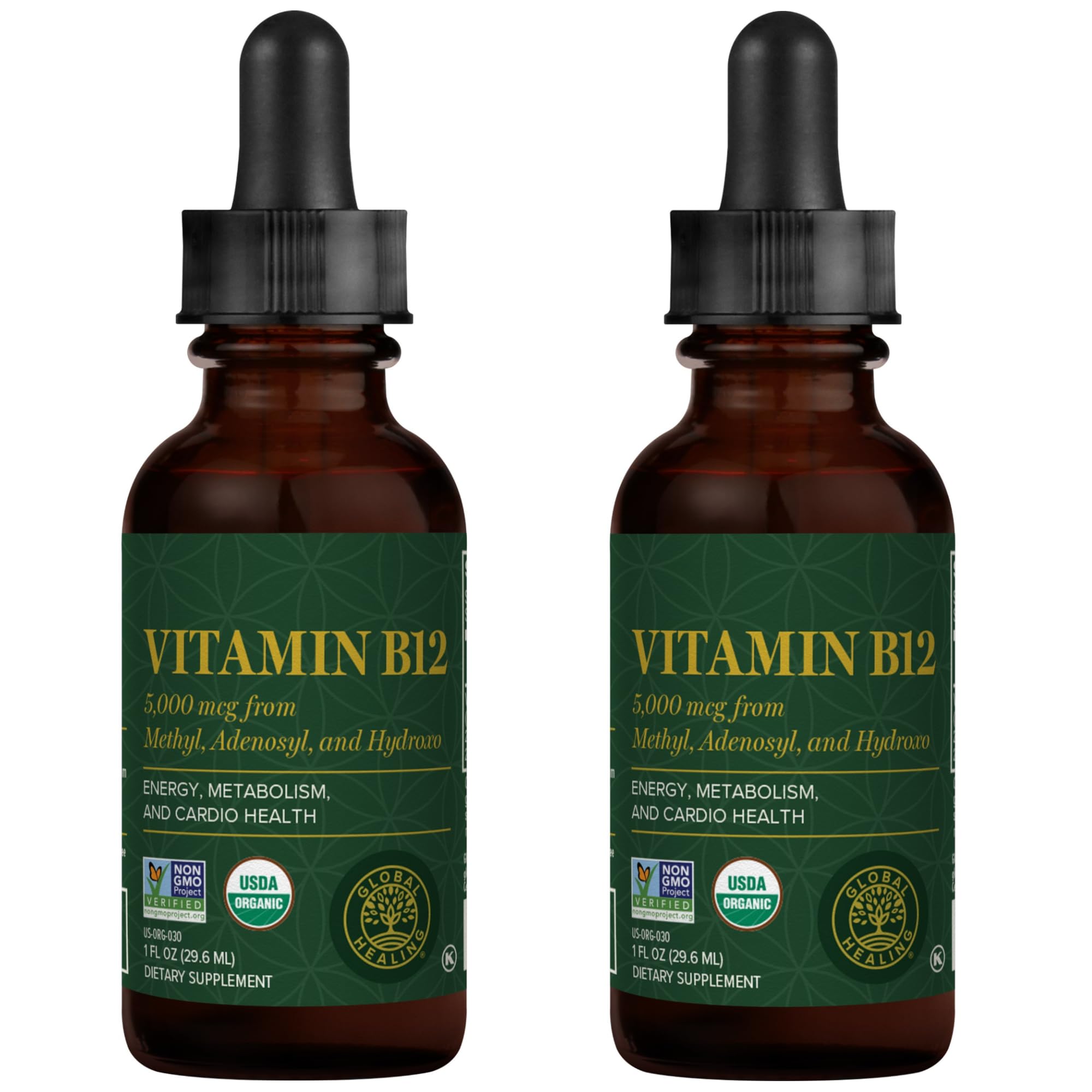 Global Healing Center Vitamin B12 bottle for easy sublingual absorption.