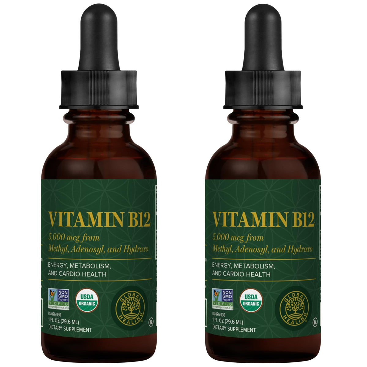 Global Healing Center Vitamin B12 bottle for easy sublingual absorption.