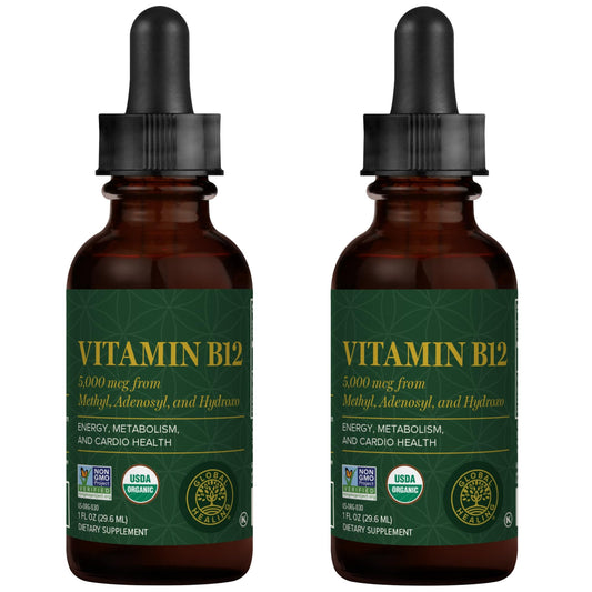 Global Healing Center Vitamin B12 bottle for easy sublingual absorption.