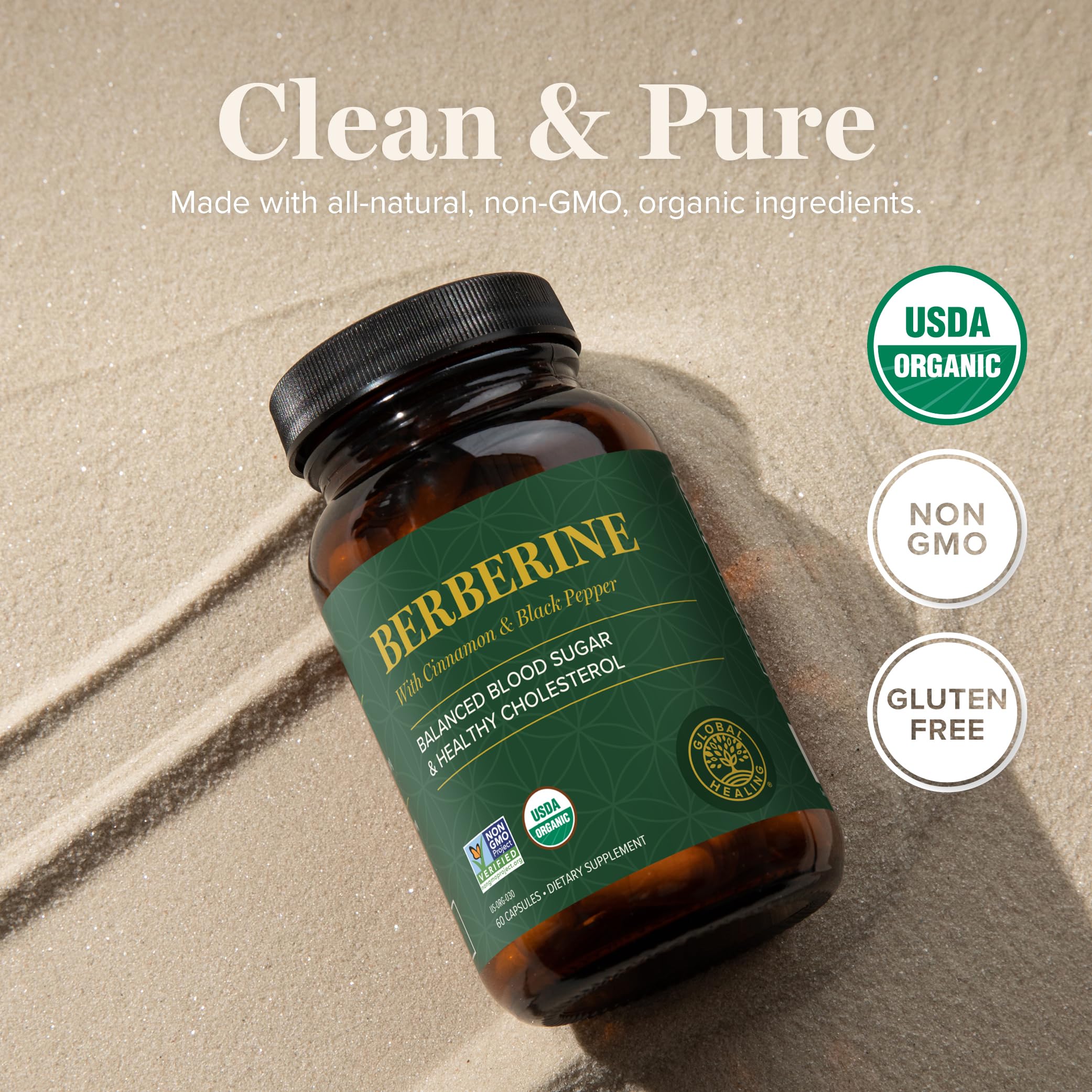 Global Healing Center berberine and black pepper visual suggests enhanced absorption potential.