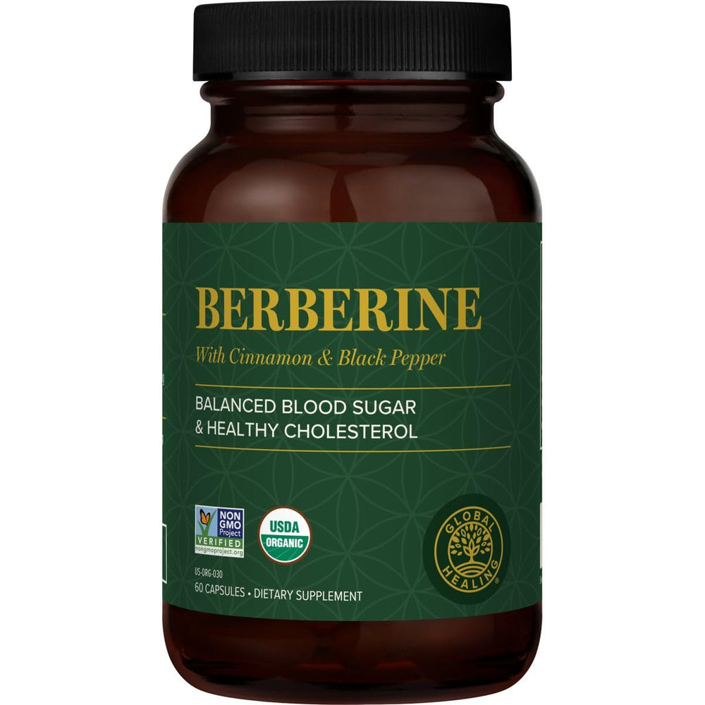 Global Healing Center berberine bottle front, premium 1200 mg capsules for potential metabolic support.