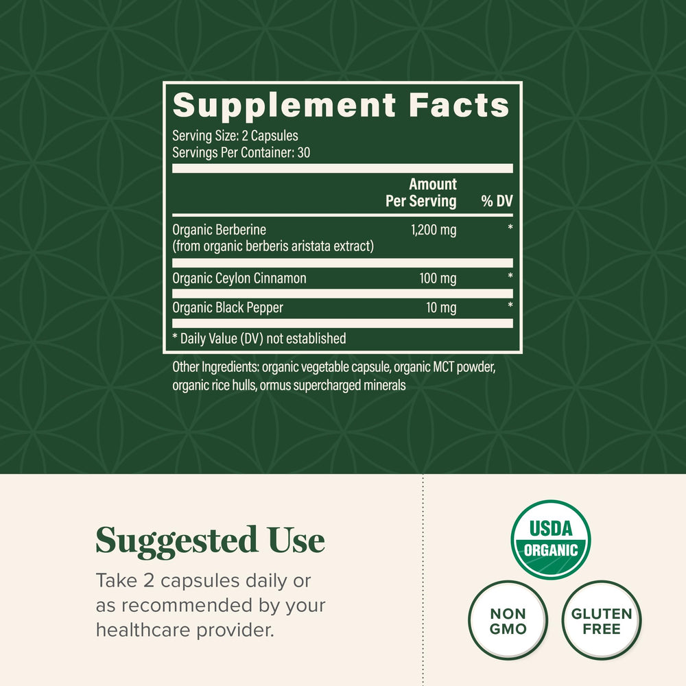 Global Healing Center berberine with cinnamon image emphasizes spice blend for versatile glucose support.