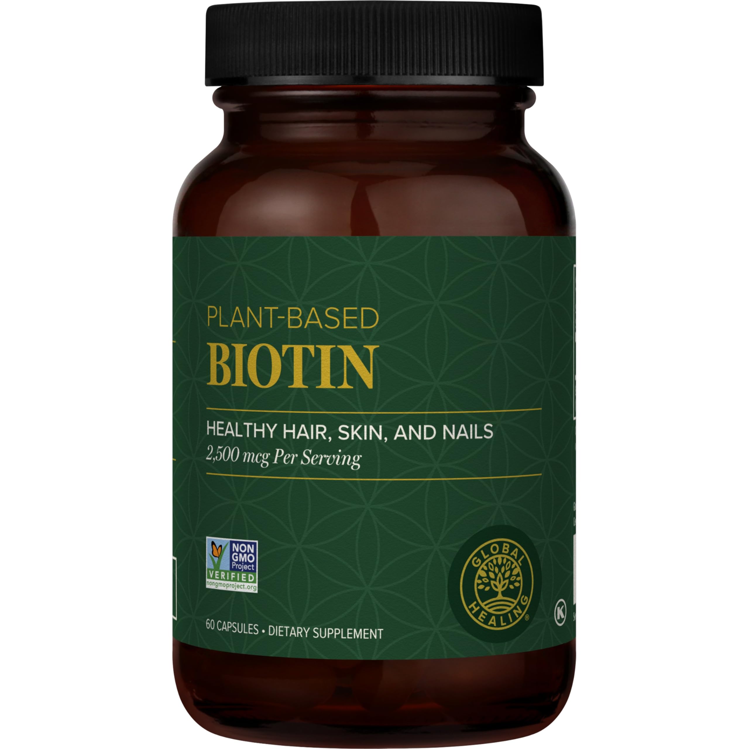 Global Healing Center Biotin bottle front for daily hair, nails, and skin support.