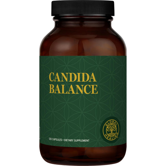 Global Healing Center Candida Balance bottle supports natural balance with wildcrafted herbs.