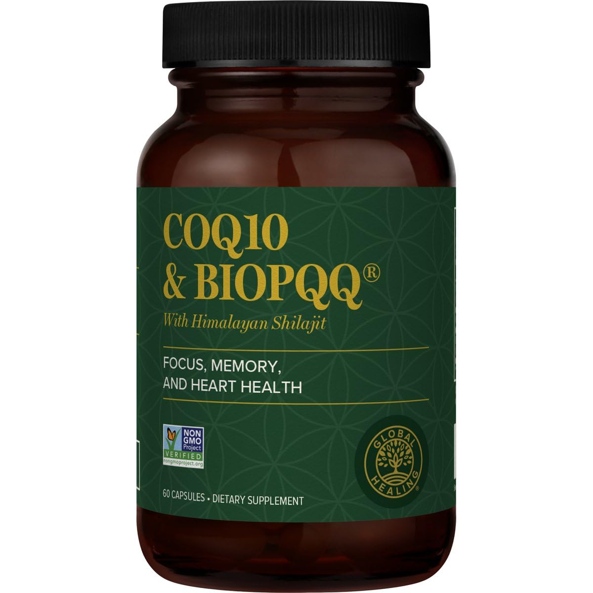 Global Healing Center CoQ10 BioPQQ bottle highlights mitochondrial energy support.