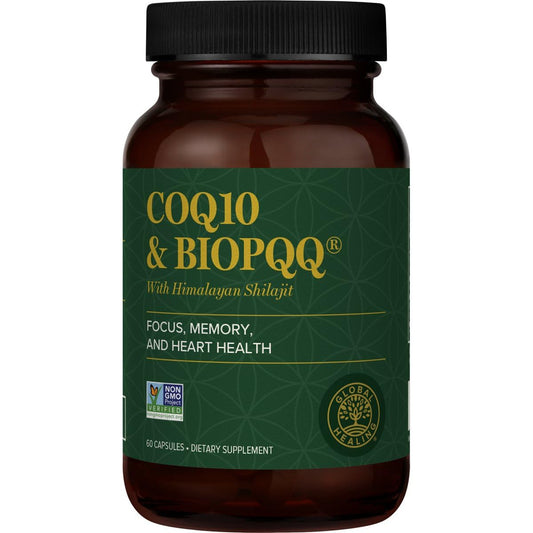 Global Healing Center CoQ10 BioPQQ bottle highlights mitochondrial energy support.