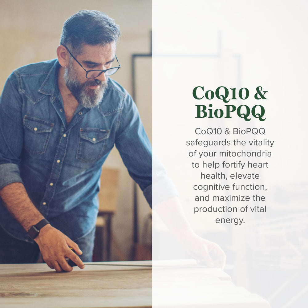 Global Healing Center CoQ10 BioPQQ capsules illustrate daily energy and cognitive potential.
