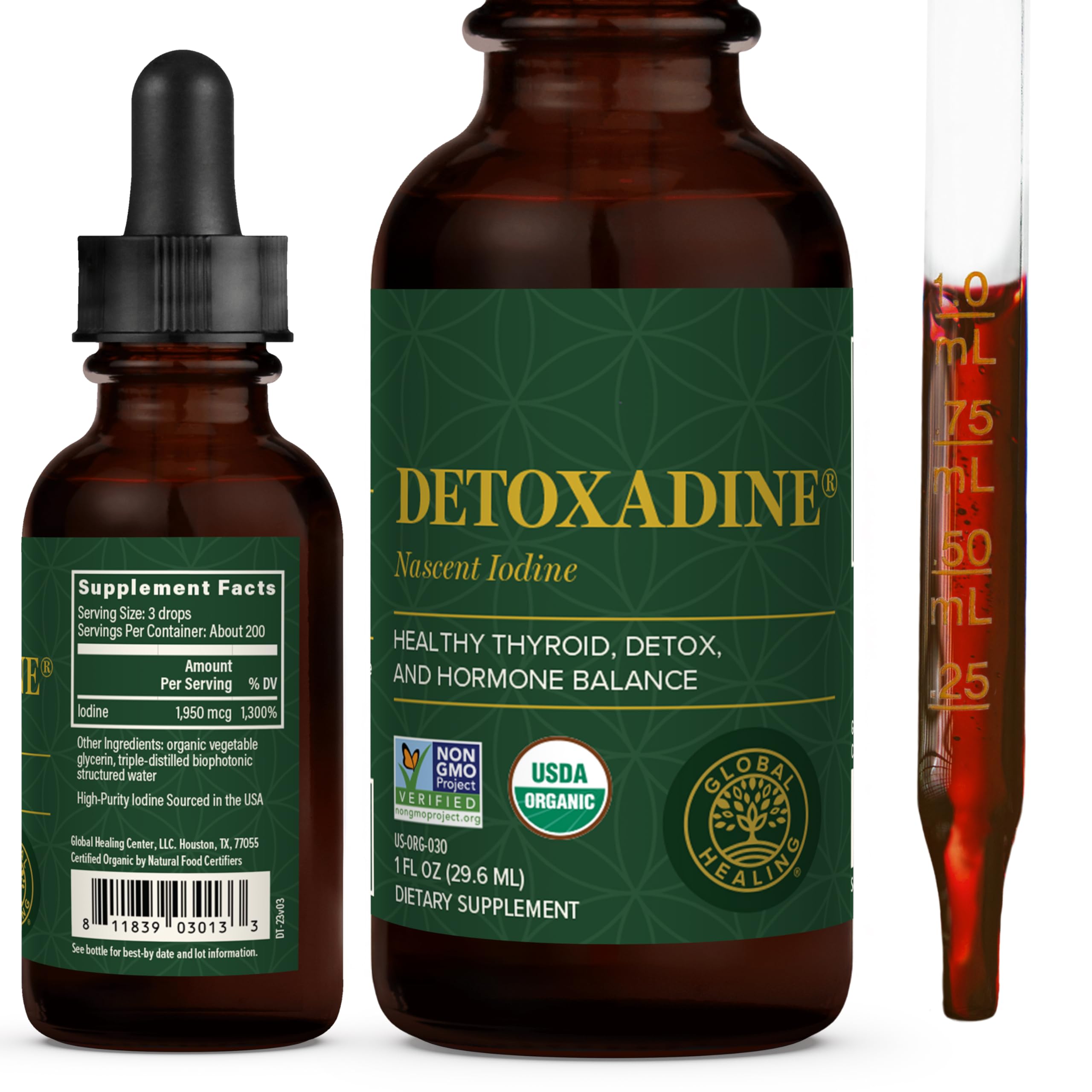 Global Healing Center Detoxadine bottle shown for easy daily iodine supplementation.