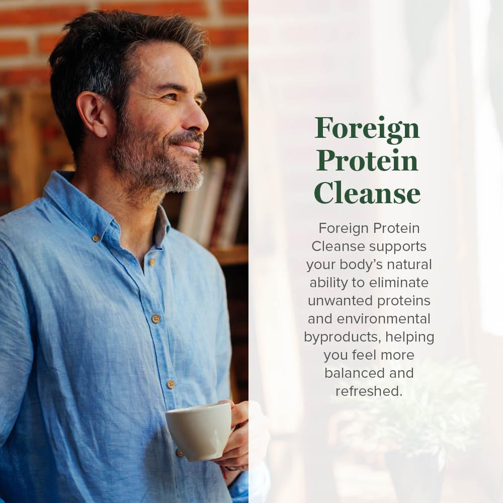 Global Healing Center Foreign Protein Cleanse bottle side label emphasizes US-made quality.