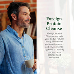 Global Healing Center Foreign Protein Cleanse bottle side label emphasizes US-made quality.