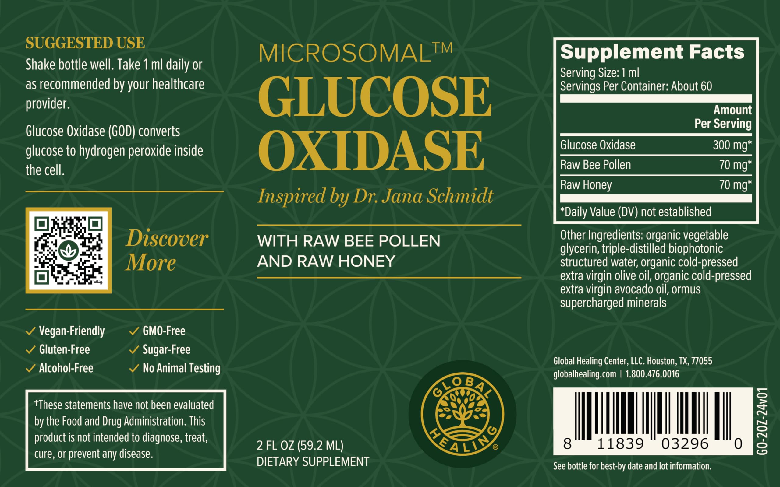 Global Healing Center Glucose Oxidase bottle pour suggesting easy daily dosing