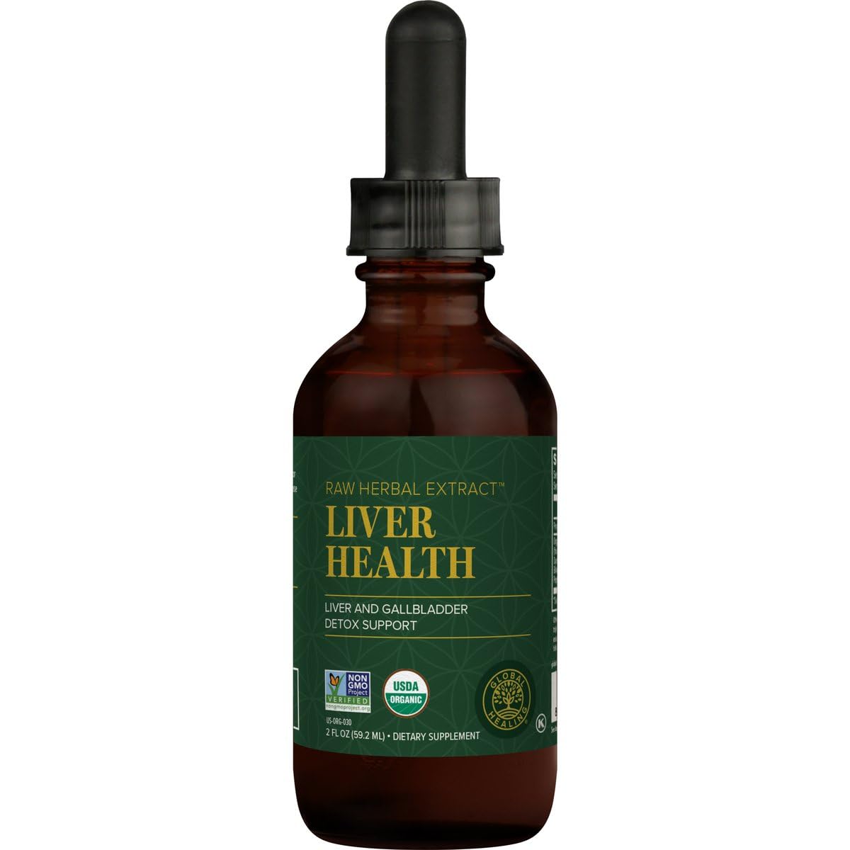 Global Healing Center Liver Health bottle on counter for daily liver support.