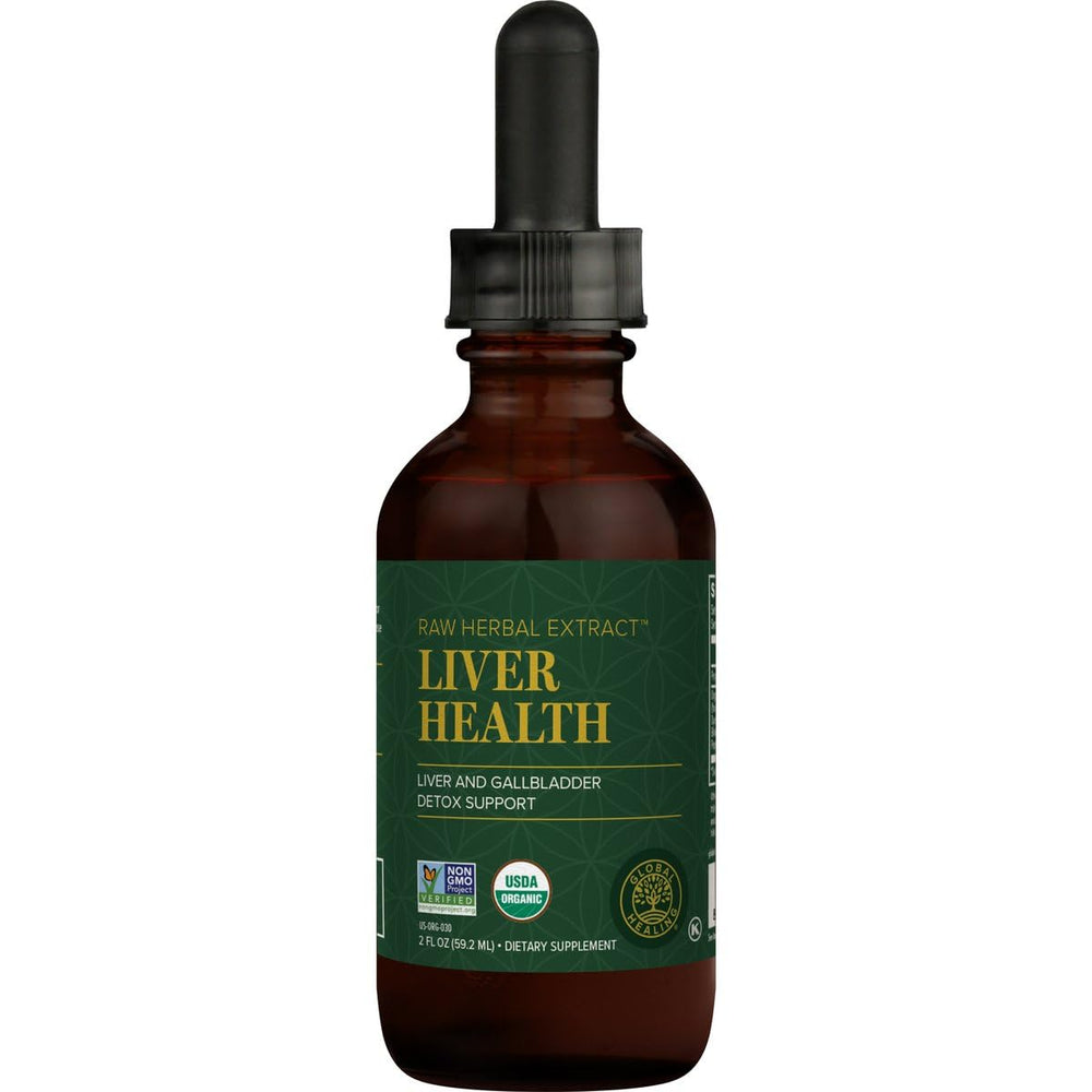 Global Healing Center Liver Health bottle on counter for daily liver support.