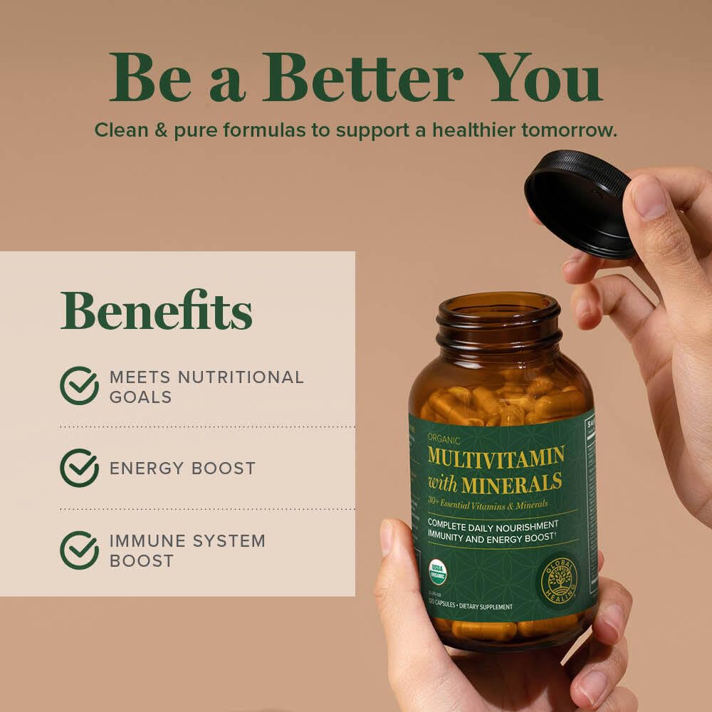 Global Healing Center packaging communicates vegan, non-GMO nutrition.