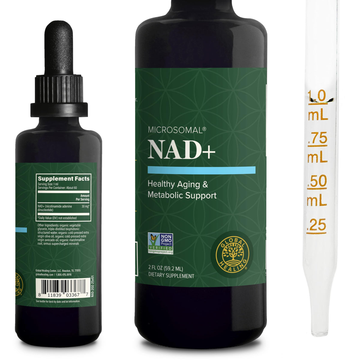 Global Healing Center NAD+ drops bottle front for daily energy support and sublingual use.