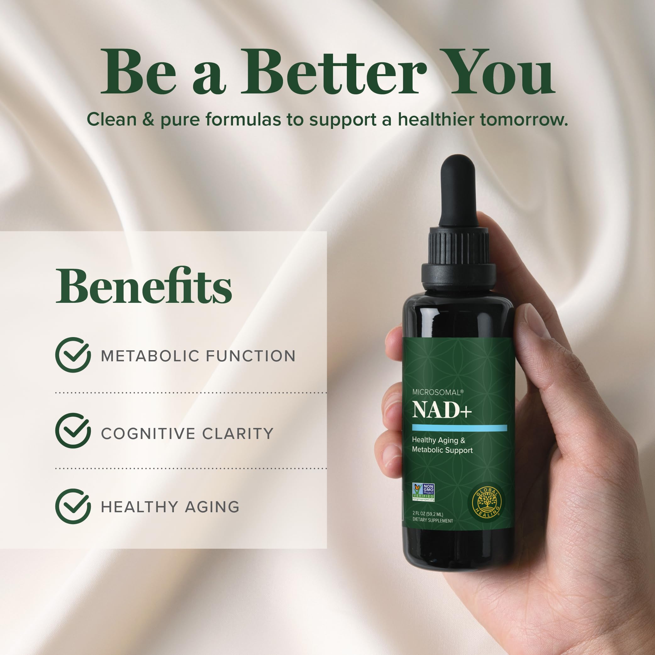Global Healing Center NAD+ drops dropper showing precise dosing for routine use.