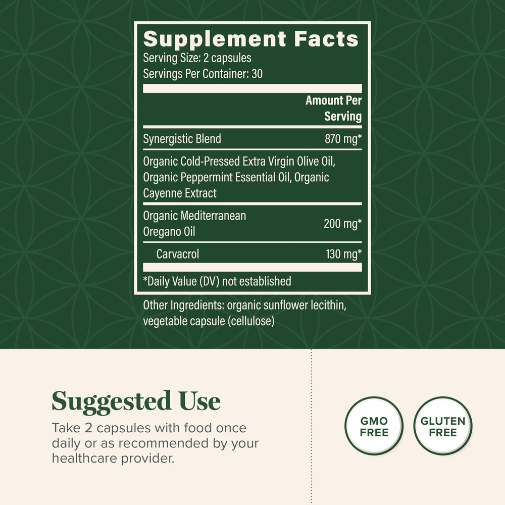 Global Healing Center oregano oil capsules bottle front is ideal for daily wellness on the go.
