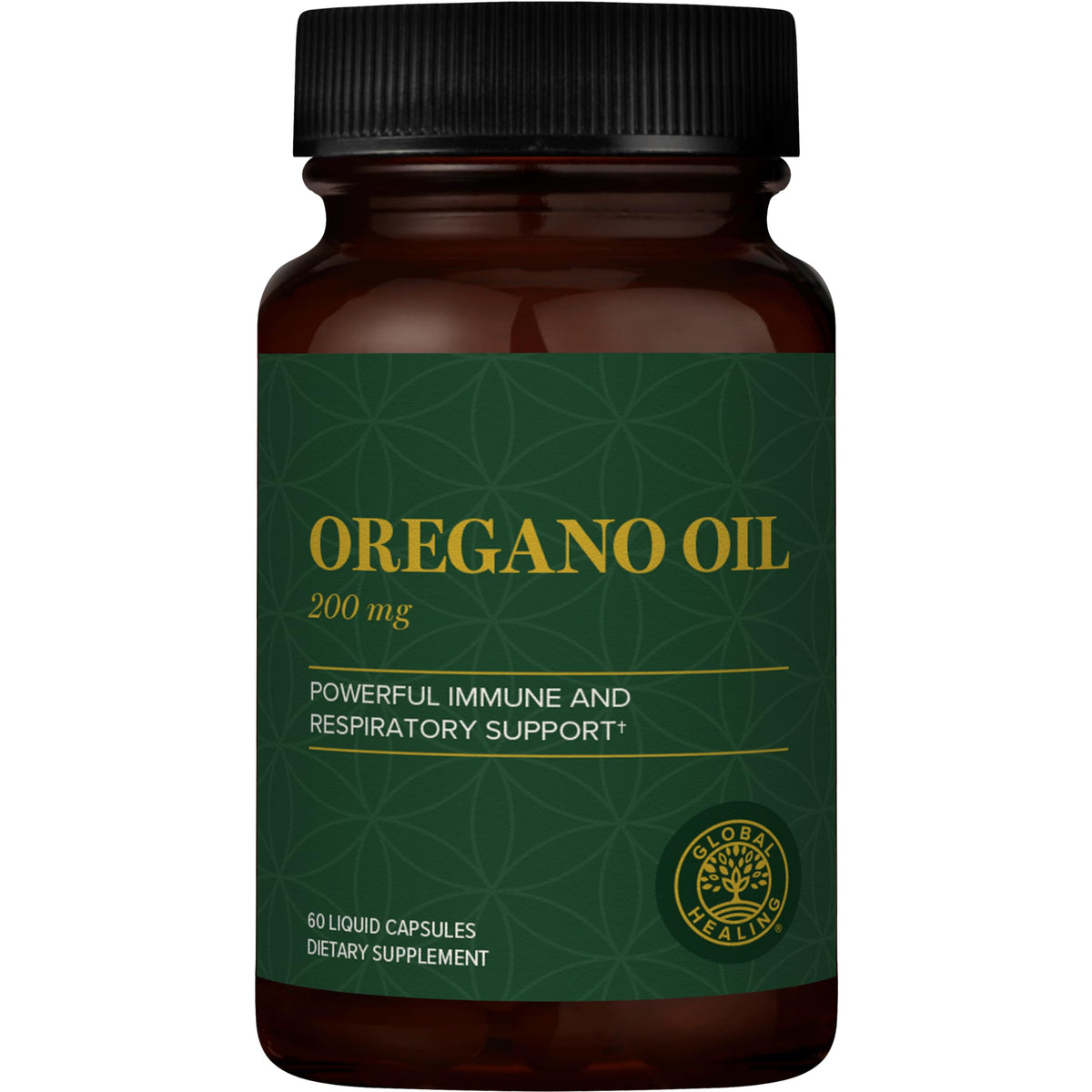 Global Healing Center oregano oil capsules packaging showcases organic formulation for daily wellness.