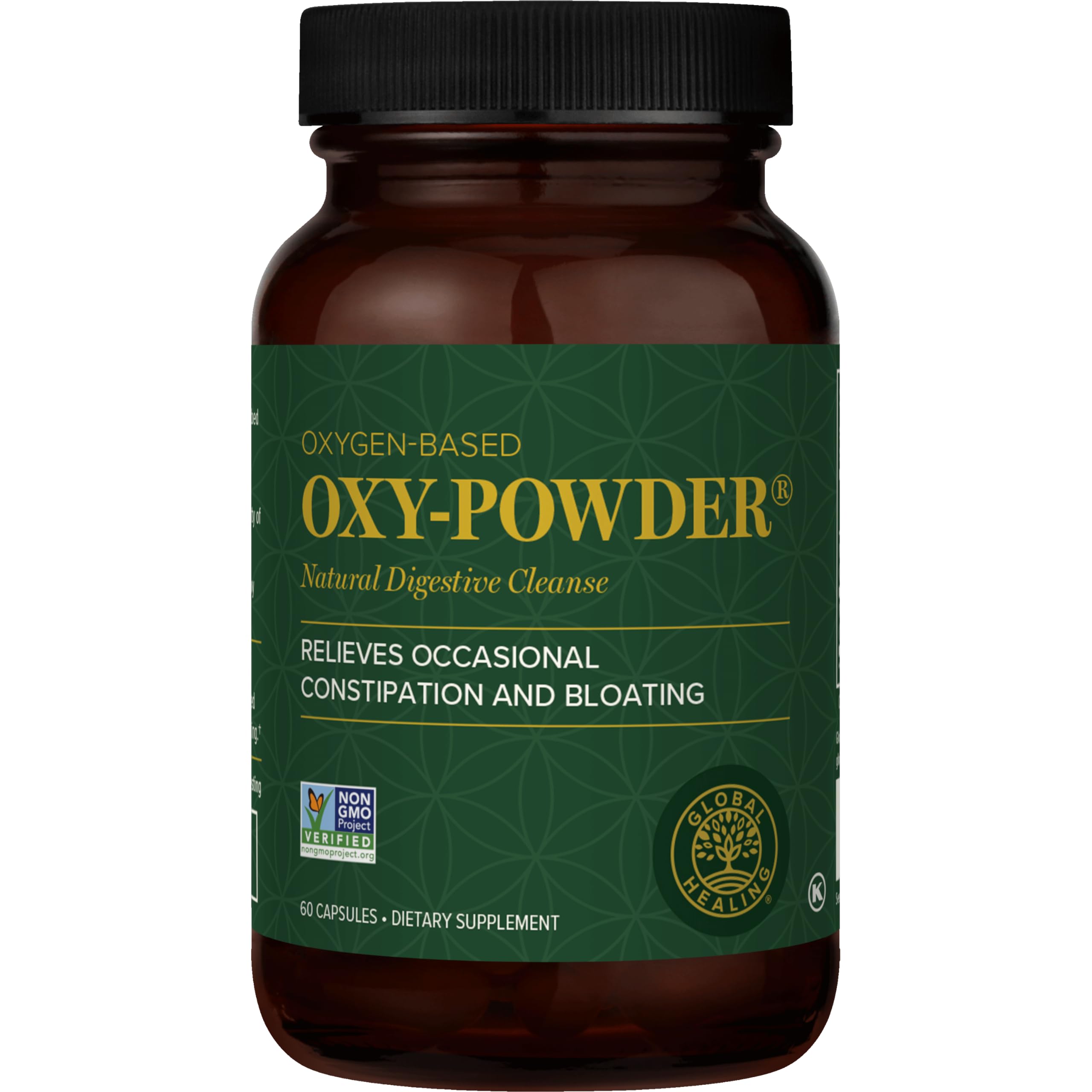 Global Healing Center Oxy-Powder bottle, gentle gut detox visual.