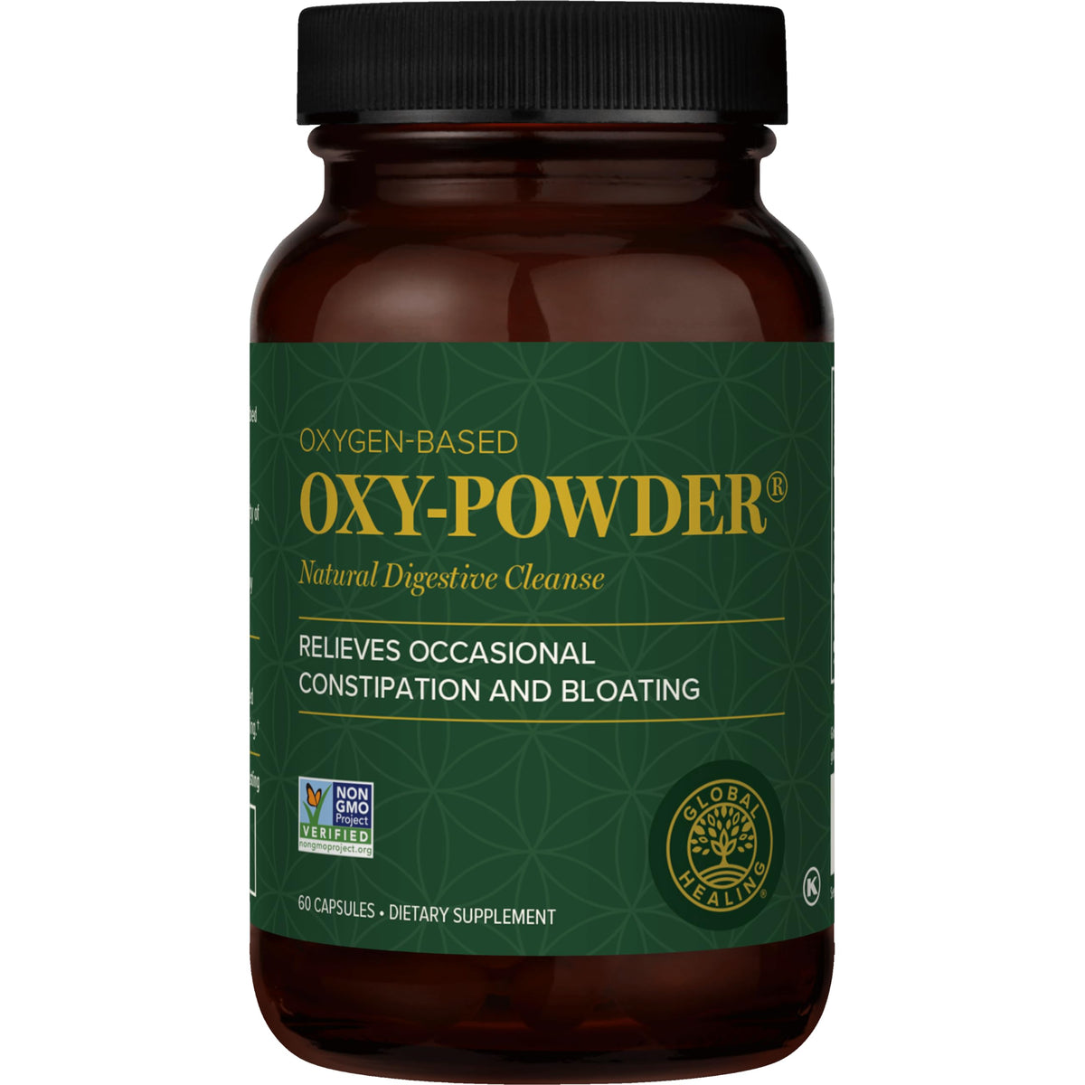 Global Healing Center Oxy-Powder bottle, gentle gut detox visual.