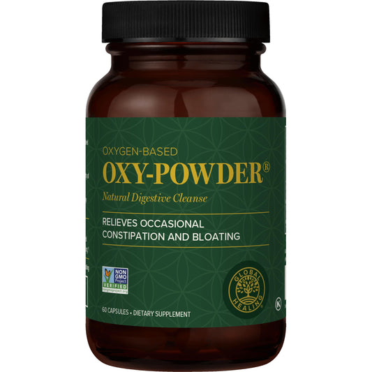 Global Healing Center Oxy-Powder bottle, gentle gut detox visual.