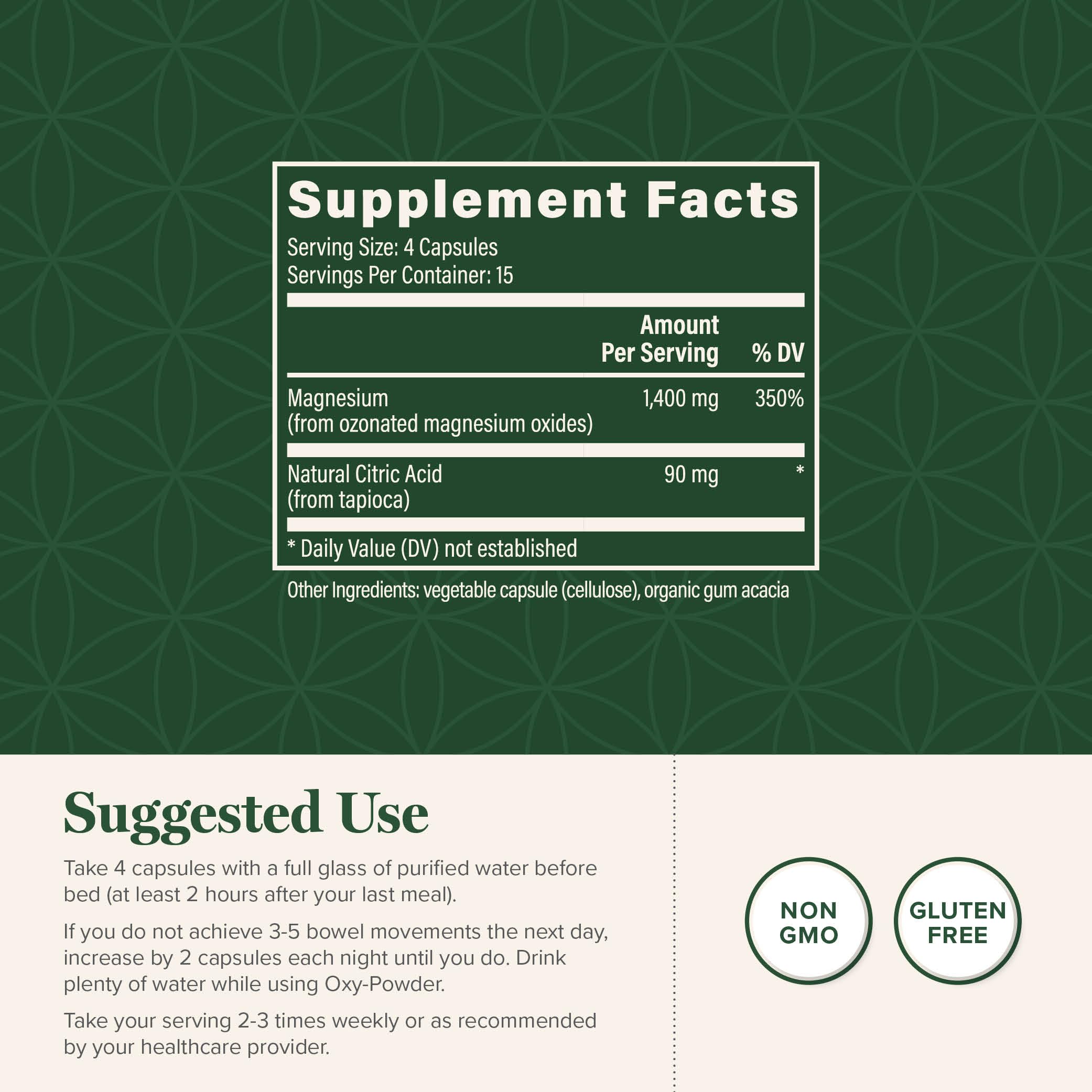 Global Healing Center Oxy-Powder capsules close-up, safe ingredients.