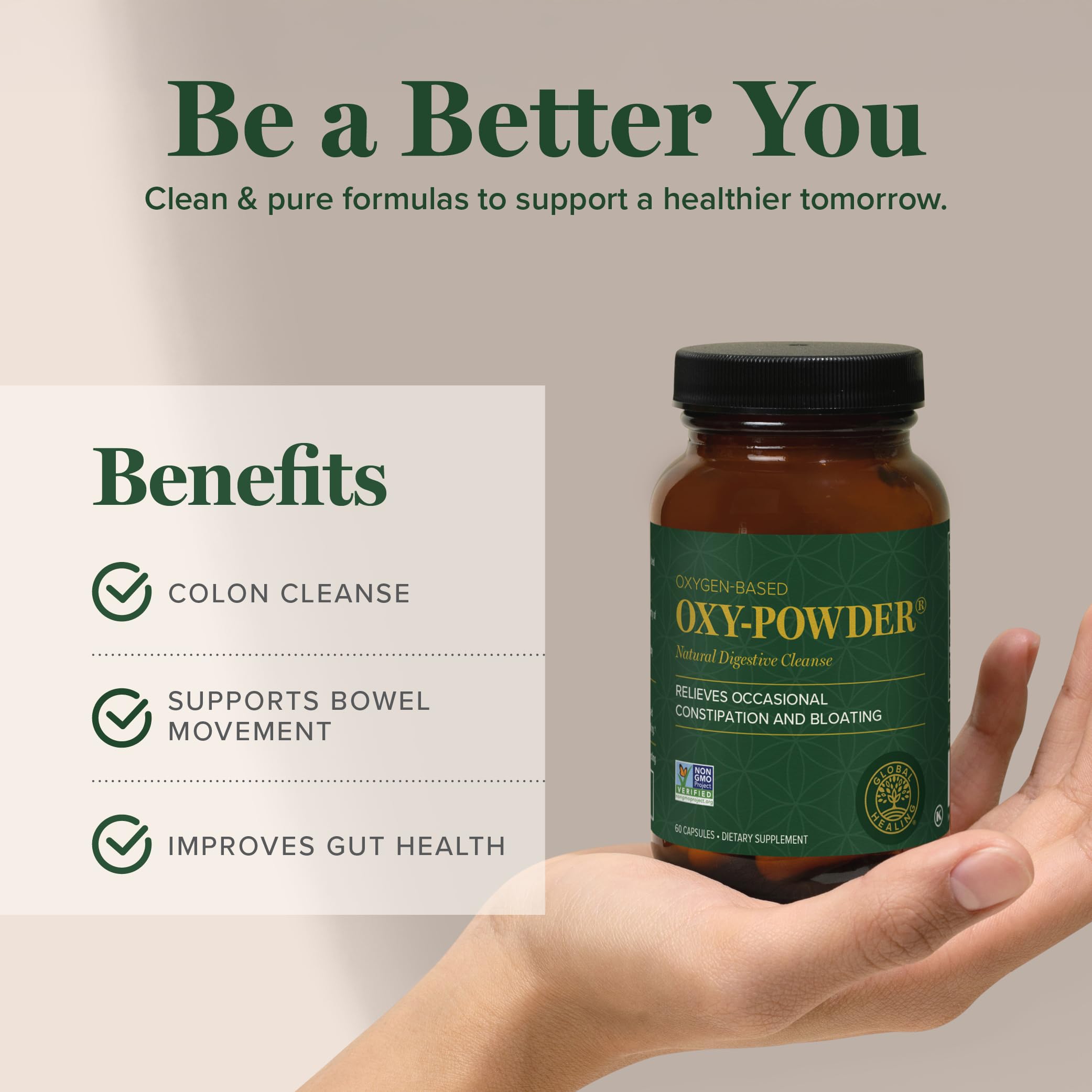 Global Healing Center Oxy-Powder in use, supports comfortable digestion.