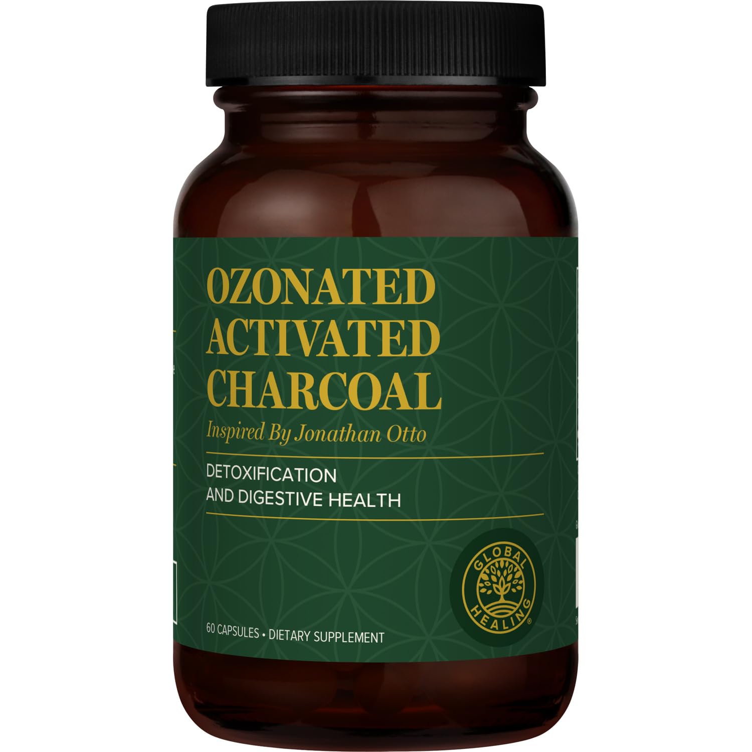 Global Healing Center ozonated activated charcoal bottle for digestive support.
