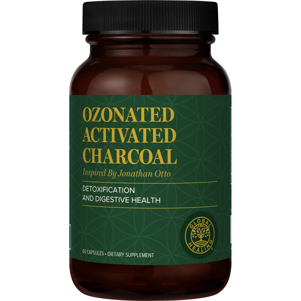 Global Healing Center ozonated activated charcoal bottle for digestive support.