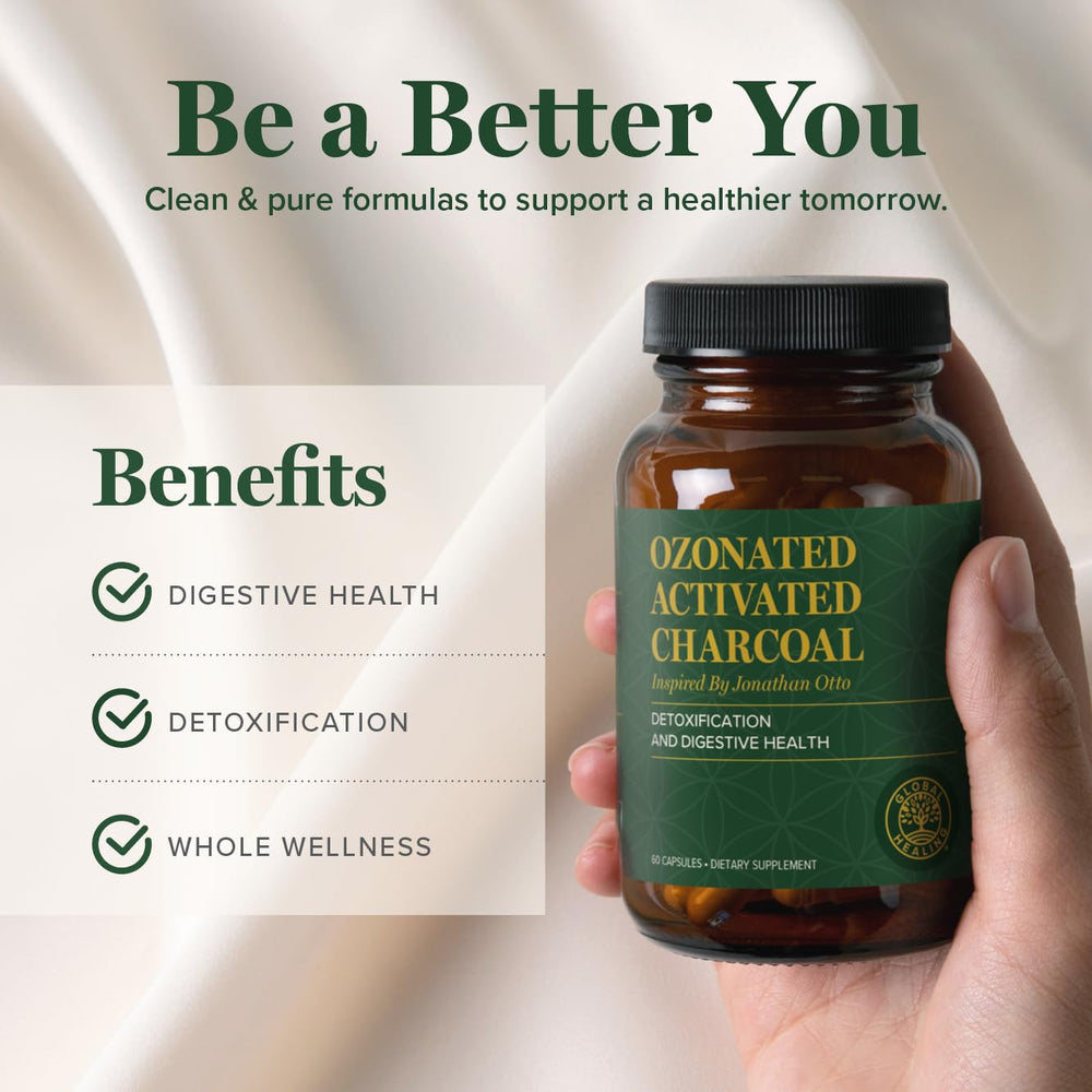 Global Healing Center charcoal pills packaging with dosage information.