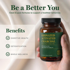 Global Healing Center charcoal pills packaging with dosage information.