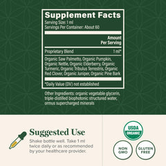 Global Healing Center Prostate Health label close-up, highlights natural ingredients