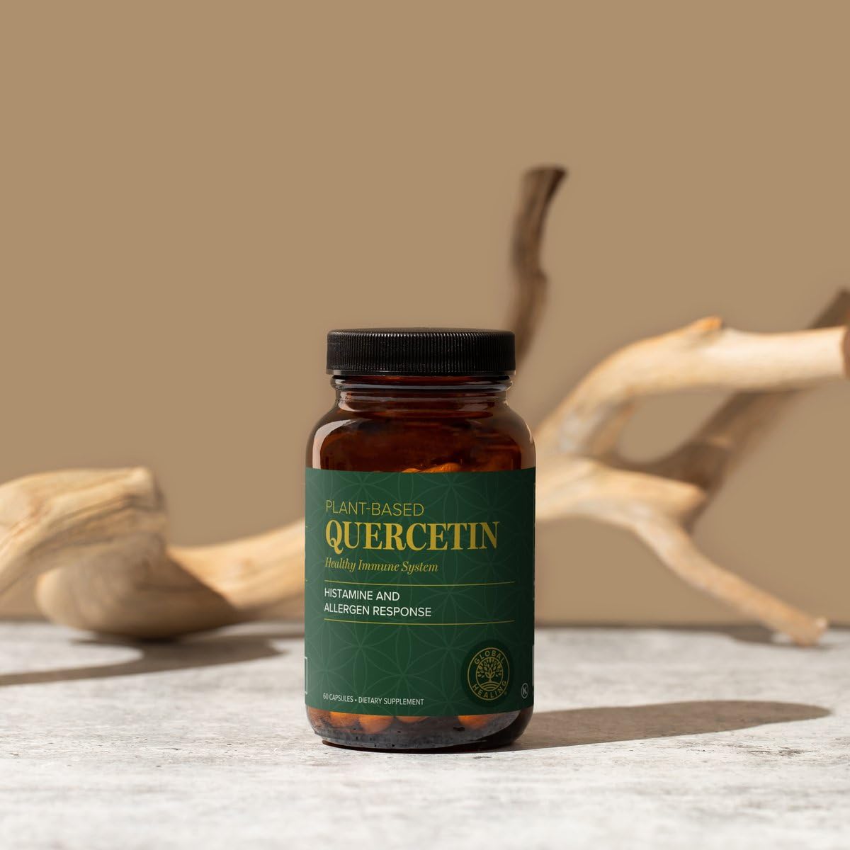 Global Healing Center QuerceFIT capsules closeup presents easy, convenient daily use