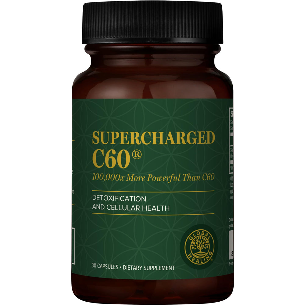 Global Healing Center Supercharged C60 bottle front, premium packaging for detox support