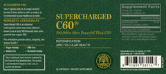 Global Healing Center Supercharged C60 label detail, emphasizing 30 capsules for aging support