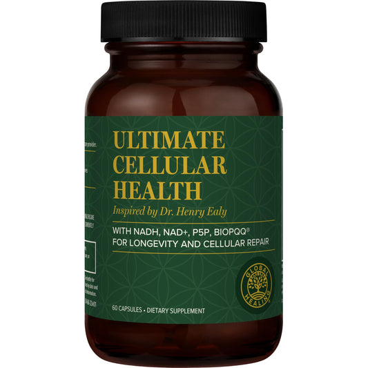 Global Healing Center Ultimate Cellular Health bottle front shows NAD+ support for vitality