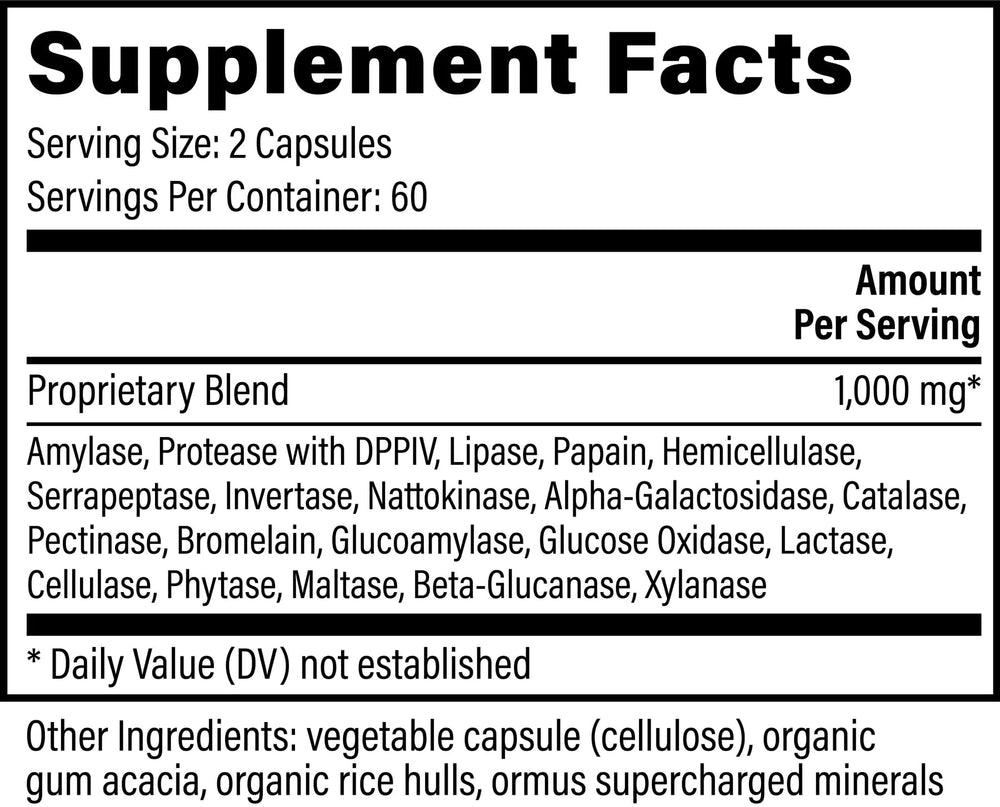 Global Healing Center Ultimate Enzymes bottle back shows ingredients and allergen-free formulation.
