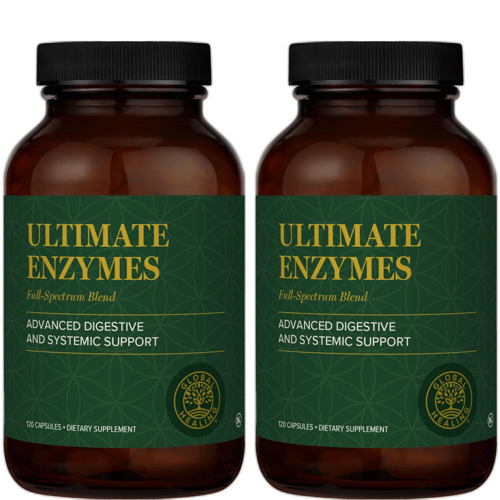 Global Healing Center Ultimate Enzymes bottle front view highlighting vegan digestive support.
