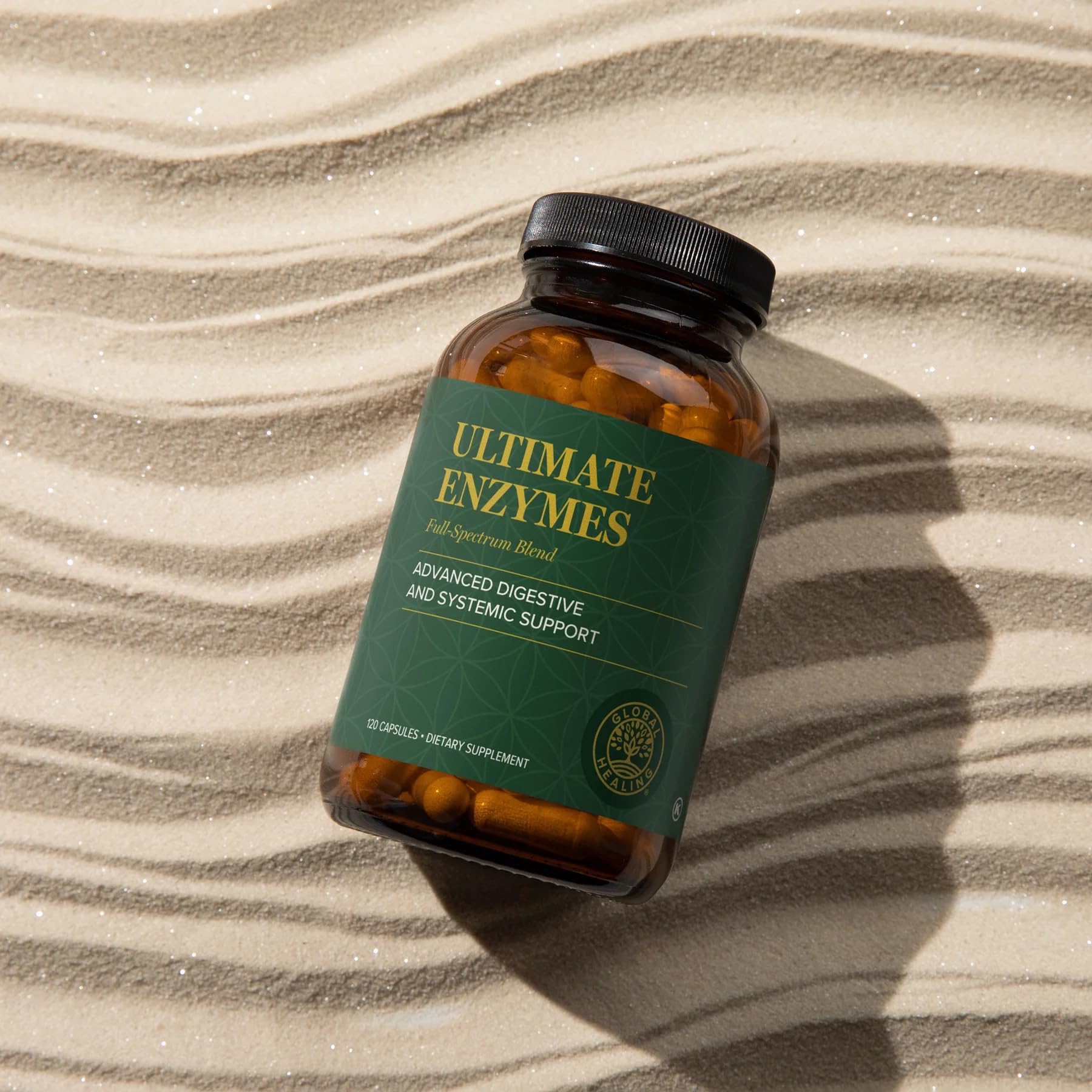 Global Healing Center Ultimate Enzymes bottle pour demonstrates on-the-go meal support.